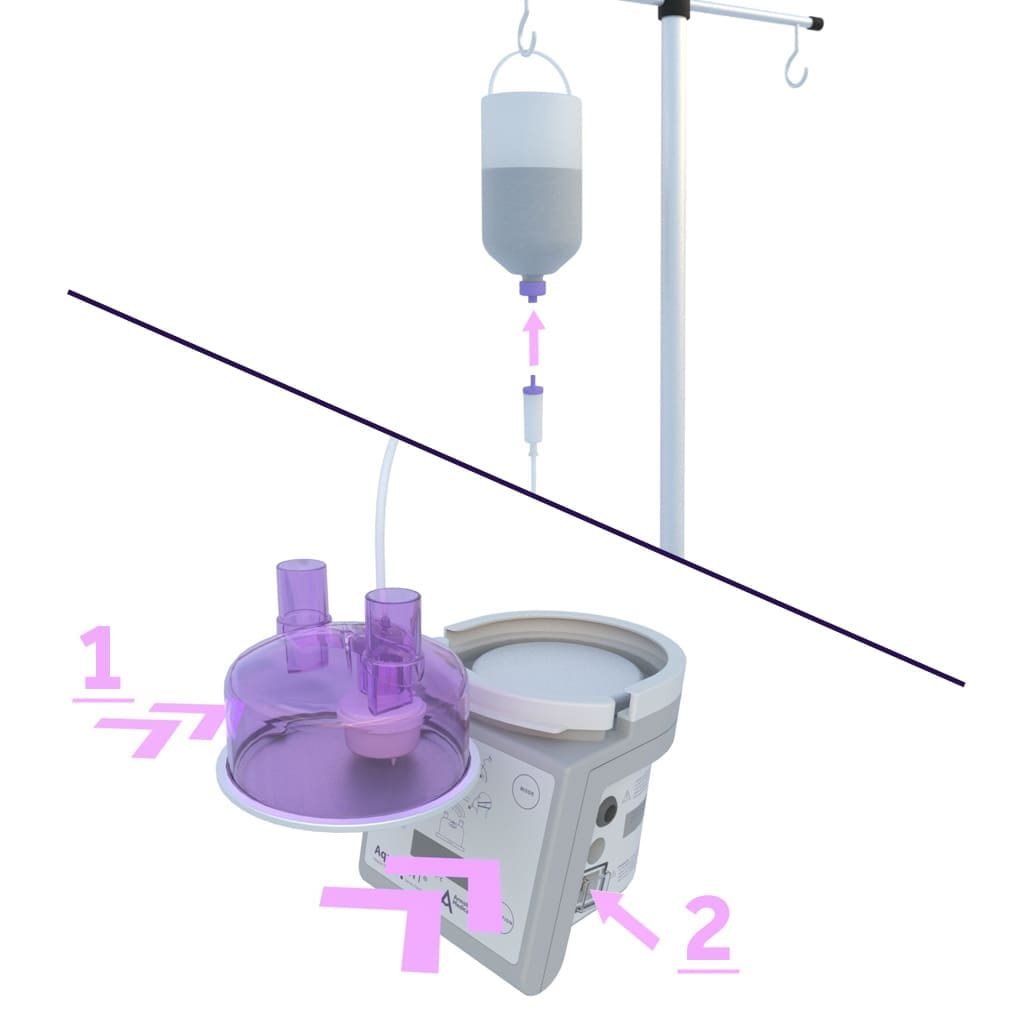 3D rendering of a drip bag and a heater humidifier with the chamber being attached